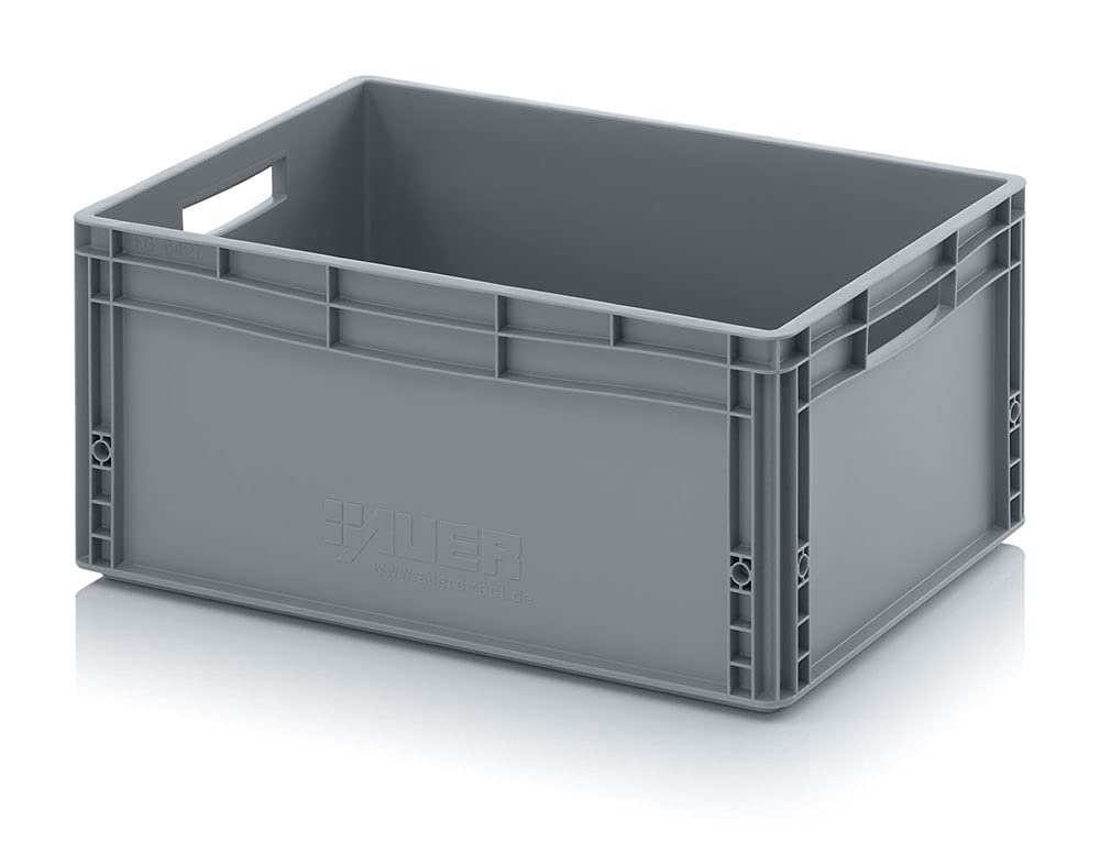 Eurobehälter + tapa con bisagra ED 64/27 Auer, gris, 56 l, caja de plástico, 60 x 40 x 28,5 cm, asas abiertas, caja de plástico, contenedor industrial, caja apilable,