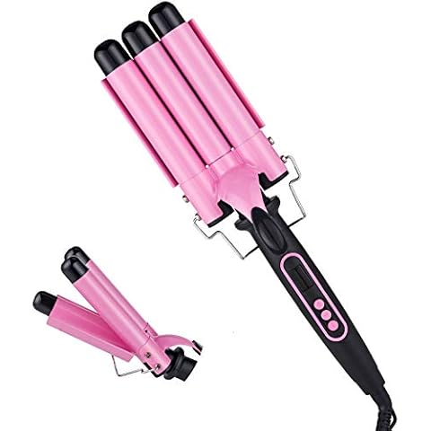 Hair Curling 3 Barrel Hair Curling Irons ，with LCD Temperature Display, Dual Voltage Crimp Temperature Adjustable Portable (Pink). Cover