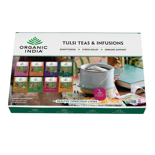 Organic India Top Eight Tulsi Herbal Teas - Holy Basil, Ashwagandha, Green, Original, Sleep, Sweet Rose, Turmeric Ginger, Lemon Ginger, Raspberry Peach - Vegan, Organic - 6 Bags Each (48 Total) #TOP1