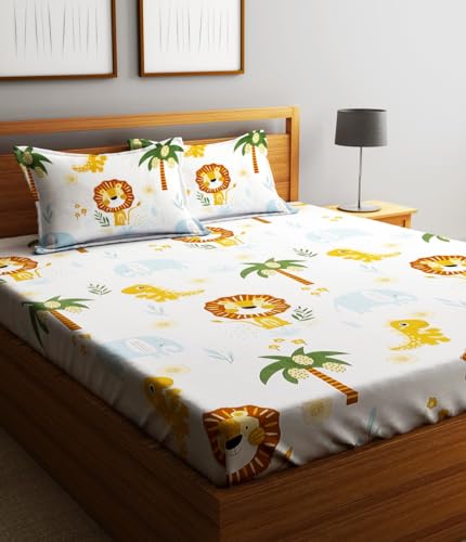 Image of Home Sizzler 144TC Kid's Lion's Haven Elastic Fitted Double Bedsheet (72X78 Inch) with 2 King Size Pillow Covers