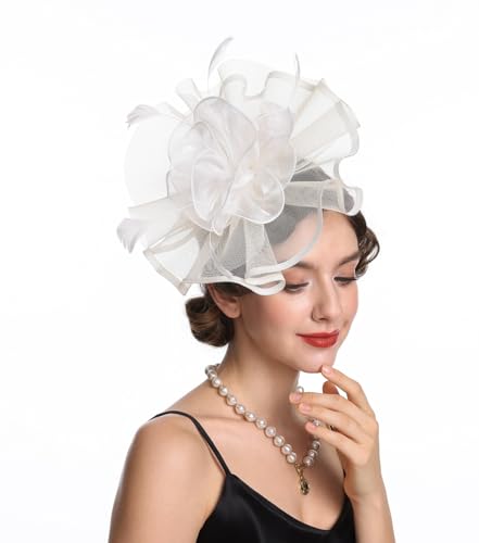 Haojing Women's Organza Church British Fascinator Bridal Tea Party Wedding Hat Summer(HJ2-Beige Flower)