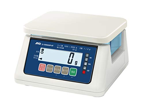 A&D 取引証明用 防塵・防水はかり ワイヤレス通信モデル SJ-2000AWP-BT-A5 ≪ひょう量:2000g 目量:1~2g 皿寸法:230(W)*190(D)mm 検定付:5地域≫