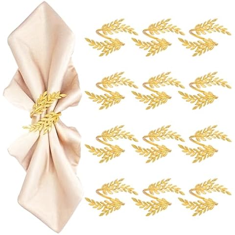 12PCS Napkin Rings, Gold Napkin Rings for Table Setting Gold Leaf Napkin Rings for Dining, Anniversary, Birthday, Holiday, Party, Wedding Table Decoration, Metal Leaf Napkin Holder Rings Cover