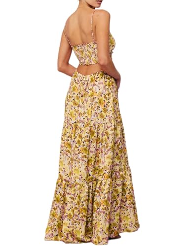 Image of Womens Summer Floral Spaghetti Strap Backless Low Cut Smocked Milkmaid Flowy Beach Sundresses
