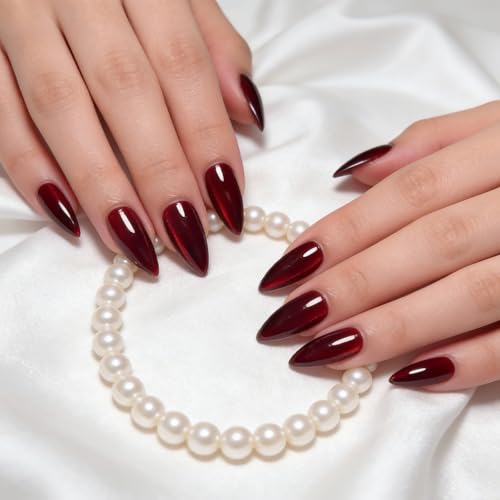 Image of 24 Pcs Press On Nails, Fake Nails For Girls, Cherry Red Cat Eye Press On Nails Kit, Glossy Nail Extensions For Women, Quick Fix For Festivals & Special Occasions