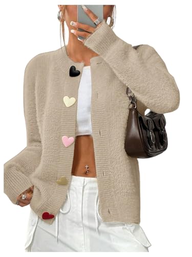 GORGLITTER Women's Heart Button Open Front Cardigan Lightweight Fuzzy Cardigan Sweaters Long Sleeve Knit Top Outerwear