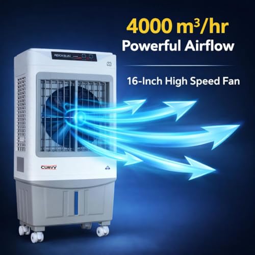 Image of Rocksun Curvv Desert Air Cooler with Honeycomb Pads, 16-Inch Fan, 4000 m /hr Airflow, Auto Swing Louvres, 3-Side Cooling, Powerful 200W Desert Air Cooler for Home & Office (Curvv 60)