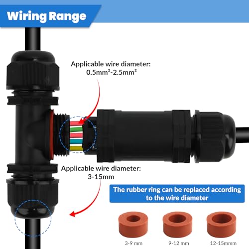 4 Stück Kabelverbinder Wasserdicht IP68, T-Form Verteilerdose Klemmdose Kabelverbinder Wasserdicht 5-polig Erdkabel Verbindungsmuffe für Ø3-15 mm Kabeldurchmesser