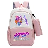Generisch K-Demon Hunters Rucksack Mädchen Schulrucksack Backpack 2-teiliges Set mit Rucksack und Federmäppchen für Jungen Mädchen, K-Pop Huntrix Unisex Schultasche für Schule Reisen Rosa