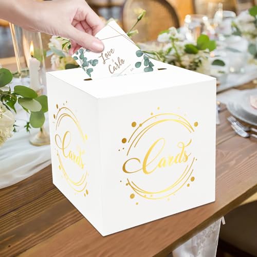 Image of 1 Pack White and Gold Foil Card Box for Party, 8.7 inch White Gift Card Box Money Box for Birthday, Wedding, Baby Shower, Retirement, Anniversary, Bridal Shower, Raffle Ticket