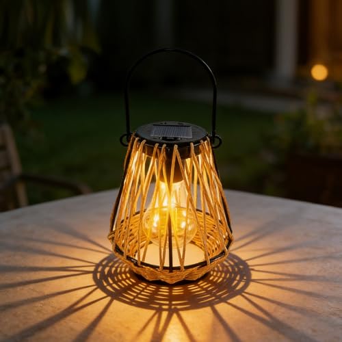 Lampe solaire à suspendre en rotin pour créer une terrasse bohème chic