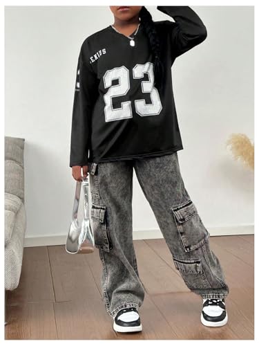 WDIRARA Girl's Number Graphic Jersey Shirts Rhinestone T-Shirt V Neck Long Sleeve Tees4