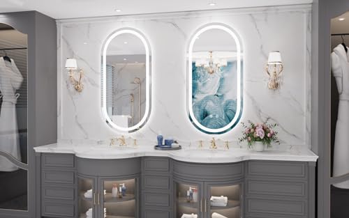 Image of WallBeyond LED Bathroom Mirror with Lights, 16 x 32 Inch Oval Led Bathroom Vanity Mirror for Wall with Front and Backlit, Anti Fog Mirror for Bathroom, 3 Colors and Dimmable Light, Horizontal /Vertical