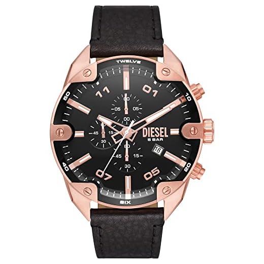 Diesel Montre pour homme Spiked, mouvement chronographe, boîtier en acier inoxydable rose de 49 mm avec bracelet en cuir, DZ4607