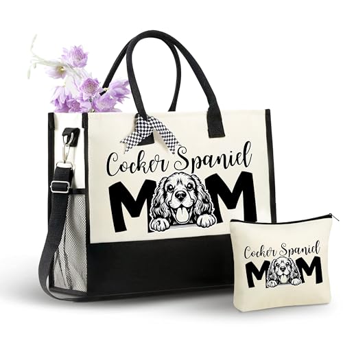 INNObeta Cocker Spaniel Gifts for Women Canvas Tote Bag Cocker Spaniel Bag with Top Zipper Closure and Shoulder Strap for Birthday Mothers Day Christmas - Cocker Spaniel Mom