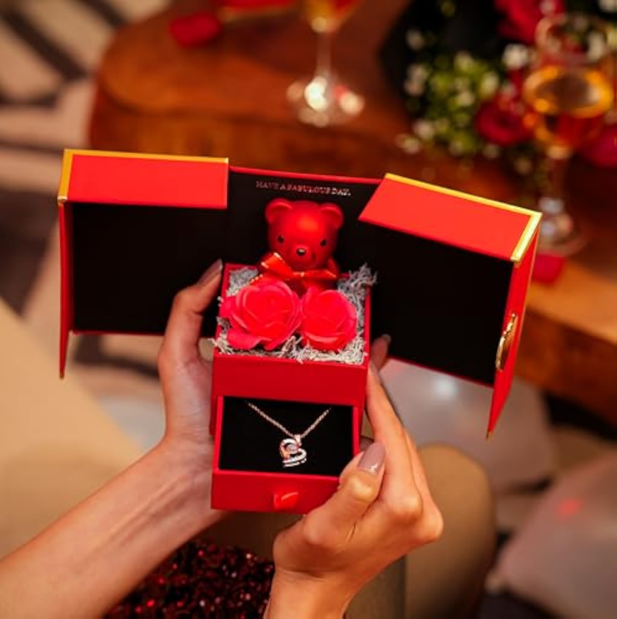 Teddy Rose Box with Heart Necklace, I Love You in 100 Languages