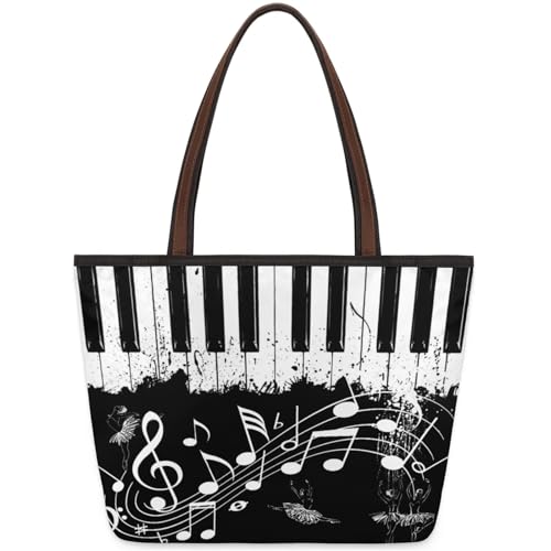Piano Notes Watercolor Tote Bag Multi Pocket Zippered Beach Bag Lightweight Waterproof Handbag for Women Men Work Gym Travel Swimming Yoga Grocery Shopping M