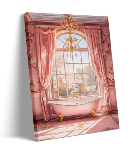 Pink Clawfoot Bathtub Oil Painting – Victorian Elegance with Gold