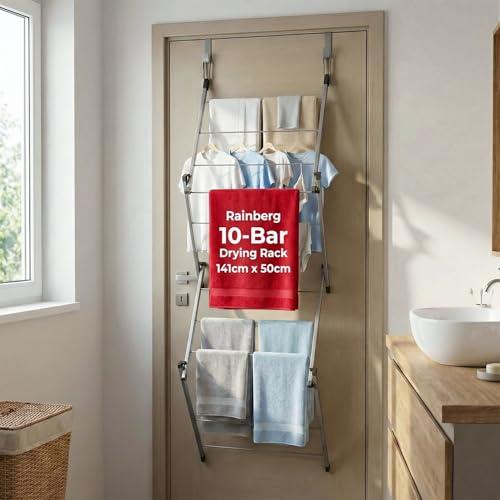 Rainberg Over The Door Clothes Airer Foldable 10-Bar Drying Rack Easy to Pull and Open Clothe Airer indoor/Outdoor Drying Rack with 4kg Washing Line Drying Space.