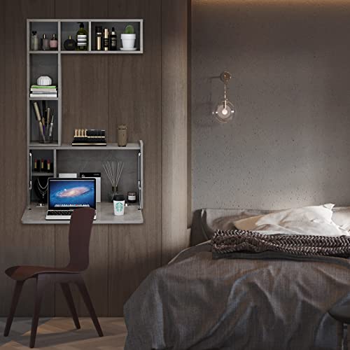 Pmnianhua Floating Desk,Wall Mount Desk,Folding Laptop Wall Desk,Space Saving Desk With Storage Compartments For Women Girls Bedroom Studio Small Space(Dark Grey) #TOP4