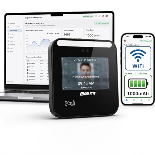 Image of Golens Face Recognition Attendance Machine with Cloud Payroll Software | Face, RFID Card & Password | WiFi, TCP /IP & USB | Mobile App & Touch Screen | Battery Backup | Office & Corporate | AM-01E