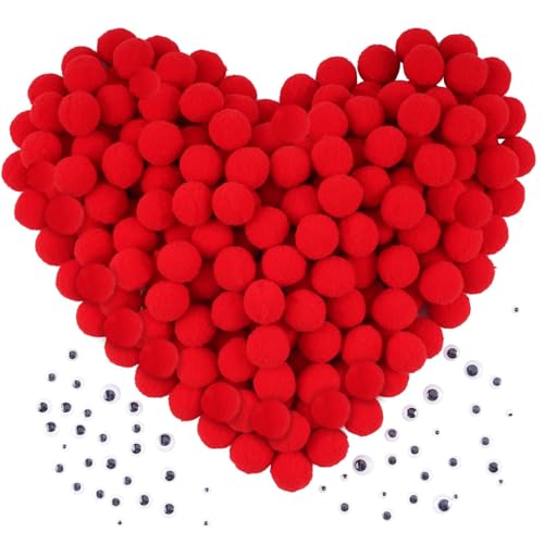 Caydo Red Pom Poms 1 Inch 300 Pieces with 100 Wiggle Eyes