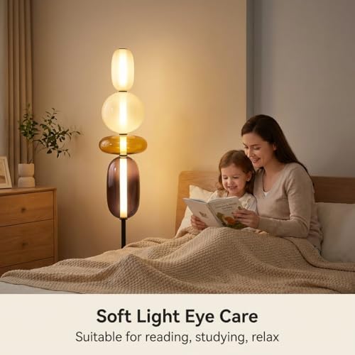 Image of Modern Glass Floor Lamp with 4 Shaped Shades, Minimalist Standing Lamp with 3 Color LED, Floor Lamp for Living Room, Bedroom, Corner, Home Decor