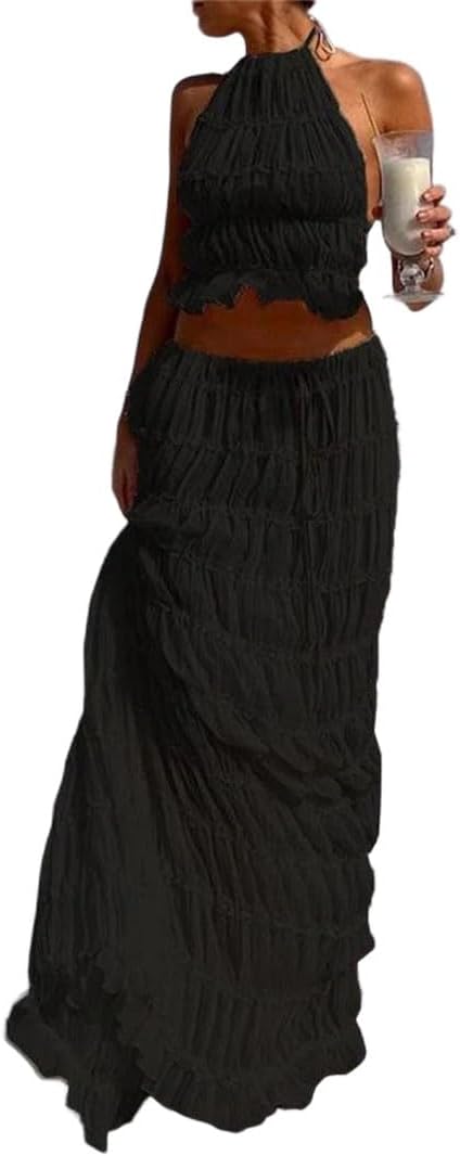 Women Backless Matching Suit Two-Piece Beach Holiday Outfit Ruched Top Maxi Skirt