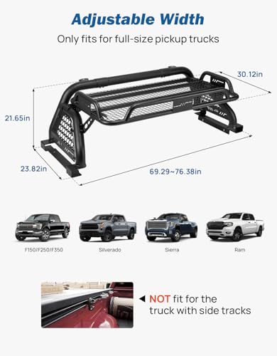 image for JOYTUTUS Roll Bar with Cargo Basket for Full-Size Truck, Extendable Ch