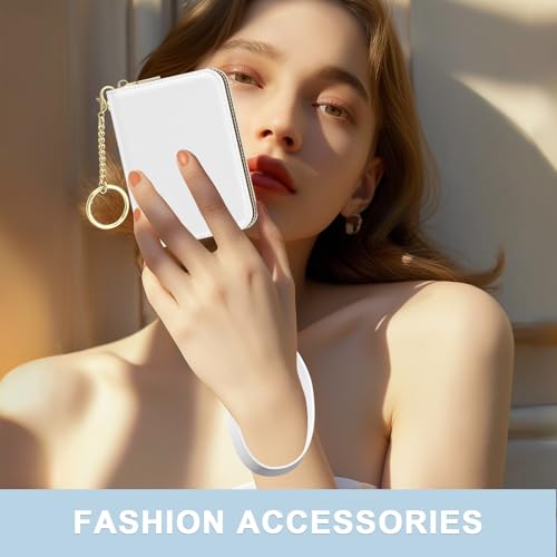 Image of Aiawoxc Credit Card Holder, Small RFID Wallet Slim Leather Card Organizer Case with Zipper and Wristlet Strap, White