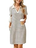 Glamaker Women T Shirt Summer Dress Casual Business Mini Loose V-Neck Short Sleeve Striped Dresses Pockets 2025 Trendy (Large,Striped Black)