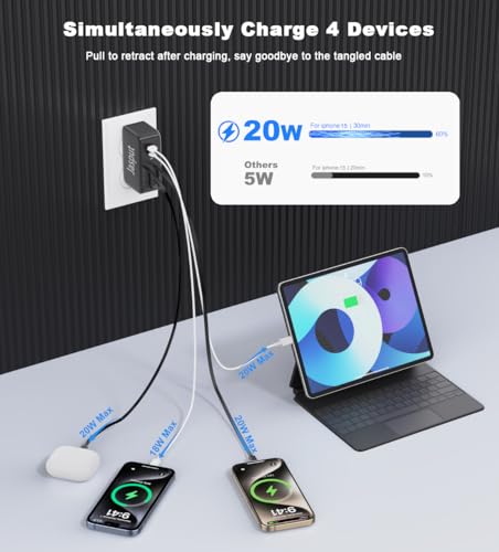 Image of 4 in 1 Retractable Wall Charger with Dual Cables,40W Retractable Phone Charger Wall Plug with Dual USB Ports,20W USB C Chargers Block Fast Charging for iPhone 17 16 15 14 13,LG, Galaxy S24 23,Pixel