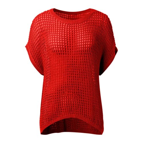 XIANZHE Häkelpullover Damen Schulterfrei Rundhals Strickpullover Oversize Hakelnadel Cover Up Mesh Oberteil Lechit lässig Casual Bademode-4