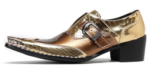 Santimon Men’s Slip-On Dress Shoes Genuine Leather Loafers – Metal Toe Mocasines with Gold Buckle for Formal Wedding & Casual Party Disco2