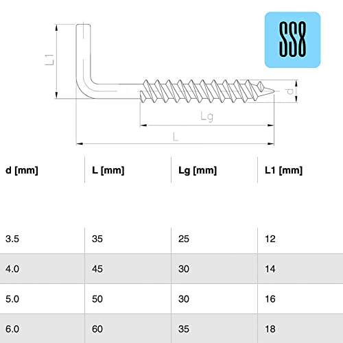 SS8 60mm L Hooks Screw in (Pack of 5) Hook Heavy Duty Square Cup Metal Hanger Picture Hanging Dresser Outdoor - Image 3