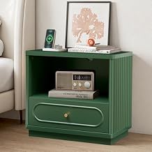 Fluted Nightstand with Charging Station, Modern Wood Nightstand with Drawer Storage, Night Stand Bedside Table with Type-C and USB Ports, Night Stand for Bedroom, Green