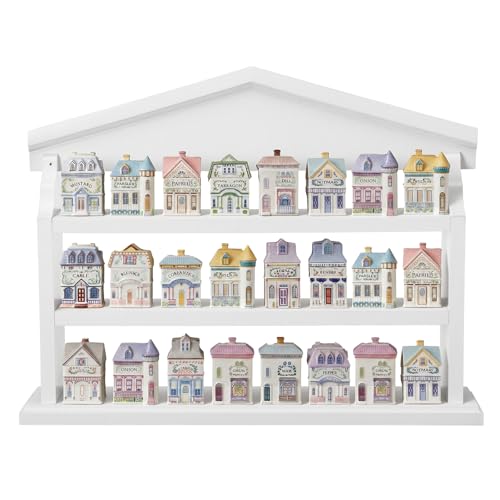 Chunful Vintage Spice Village Wooden Rack 22 x 16 Inches 3 Tier White Display Rack for Wall Mounting Kitchen Storage Spice Village Display Shelf for 24 Jars, Shelf Only