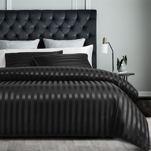 YASMENG Funda nórdica de satén 220x240 negro brillante con rayas de lujo, juego de cama de satén suave y sedoso de seda, ropa de cama para 2 personas adultas con cremallera, con fundas de almohada de