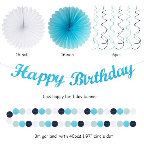 Image of Light-Royal Blue White Birthday Party-decorations - 21pcs Boys Men Ocean Happy Banner,Navy Dusty Paper Streamers Lanterns Honeycomb,tissue Pom Poms Fan,Nautical Adult Garland Supplies Decor Huglony