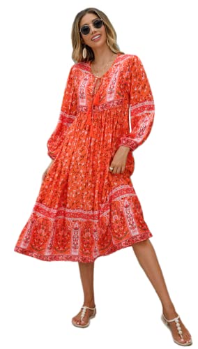 R.Vivimos Women's Long Sleeve Floral Print Retro V Neck Tassel Bohemian Midi Dresses