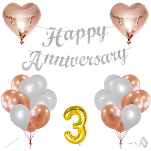 Image of Flyloons 3rd Happy Anniversary Decoration Items Rose Gold White for Men Women Husband Wife Mom Dad Parent Couple Home Bedroom Car With 20 Pcs Metallic Balloons Anniversary Banner 2 Pcs Heart Set Kit