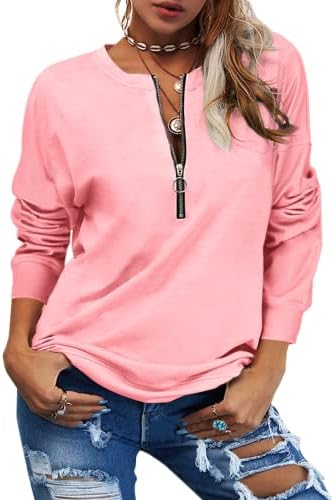 GIBLY Women Long Sleeve V-Neck Zip Design Sweatshirt T Shirt Solid Casual Loose Basic Tunic Tops