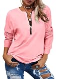 GIBLY Women Long Sleeve V-Neck Zip Design Sweatshirt T Shirt Solid Casual Loose Basic Tunic Tops