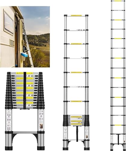 Preisvergleich Produktbild FEETE 4.7m Teleskopleiter, Aluminium-Leichtbau-Ausziehleiter mit rutschfesten Füßen, tragbare Dachbodenleiter, Heavy Duty RV zusammenklappbare Leiter für RV, Haushalt, Outdoor-Arbeiten(4.7M)