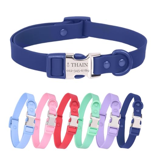 THAIN Personalized Waterproof Dog Collar with Name Plate,Custom Easy Clean PVC Dog Collar with Engraved Buckle ID Name and Number for Small Medium Large Dogs (Navy, S)