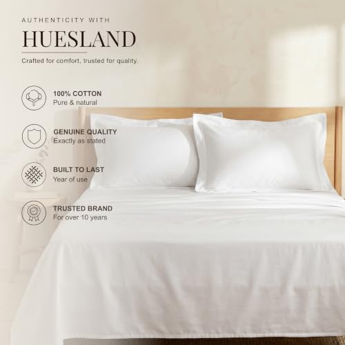 Image of Huesland Premium 100% Pure Cotton Luxe Soft Touch 300 Thread Count Bedsheet for Double Bed King Size with 2 Pillow Covers | White | 108 x 108 inches