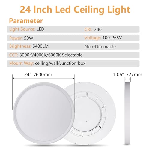 24 Inch Led Ceiling Light Flush Mount, 50W, 5480LM, 3000K/4000K/6000K CCT Selectable Super Slim White LED Ceiling Light, Close to Ceiling Round Flat Panel Light for Hallway, Bedroom, Kitchen, ect by OFFIY - Image 4