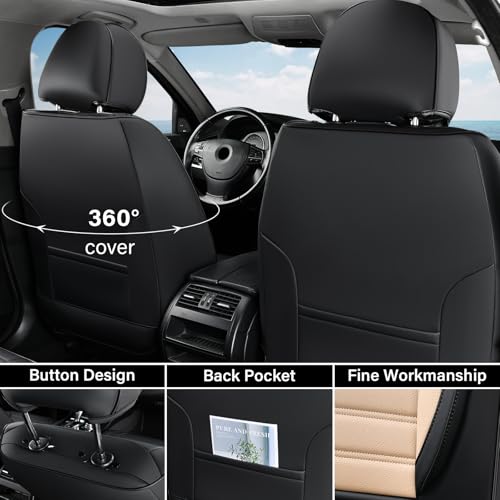 Image of Coverado Waterproof Nappa Leather Car Seat Covers, Automotive Seat Covers,Front Car Seat Cushion & Car Seat Protector, Seat Covers Universal Fit for Most Cars, SUVs,Trucks,Black&Beige