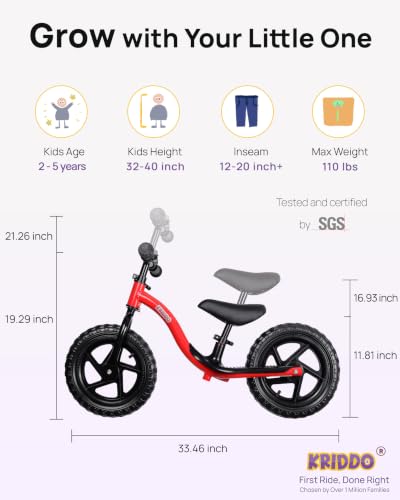 Image of KRIDDO Toddler Balance Bike 2 Year Old, Age 24 Months to 5 Years Old, Early Learning Interactive Push Bicycle with Steady Balancing, Gift Bike for 2-5 Boys Girls, Red