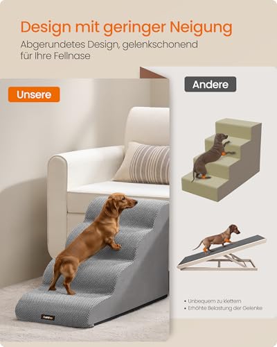 Feandrea Hundetreppe, 4 Stufen, Waffelcord, Haustiertreppe, für Bett, Sofa, wasserdicht, rutschfest, geringe Neigung, Abnehmbarer waschbarer Bezug, Griff, Taubengrau PPS014GD01